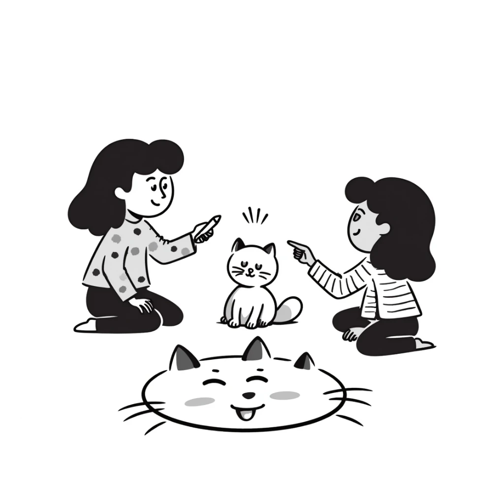 two girls and a cat drawing an emoji, hand-drawn doodle style sticker