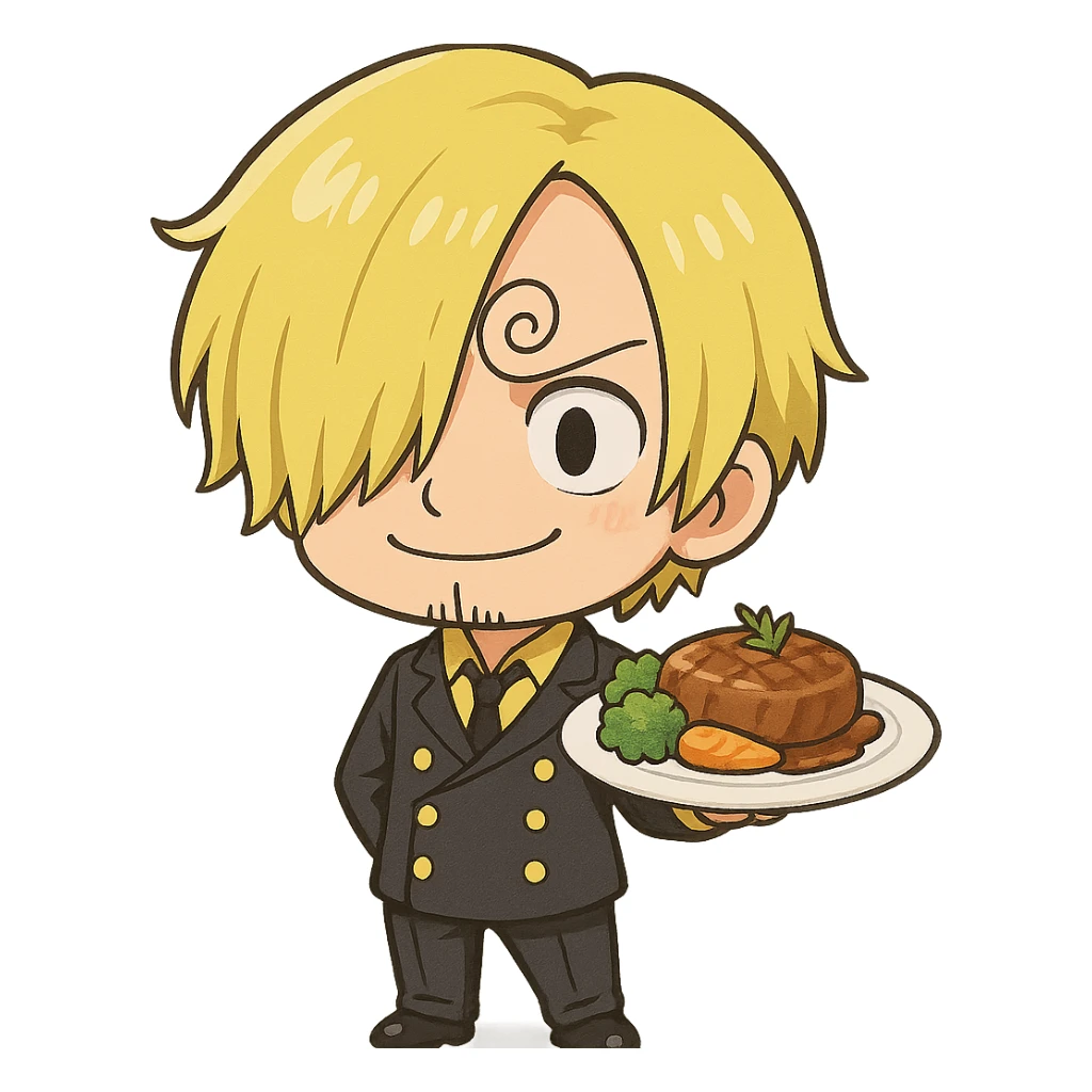 chibi style Sanji from One Piece, big head, small body, curly eyebrow, blond hair, black suit, holding a plate of food sticker