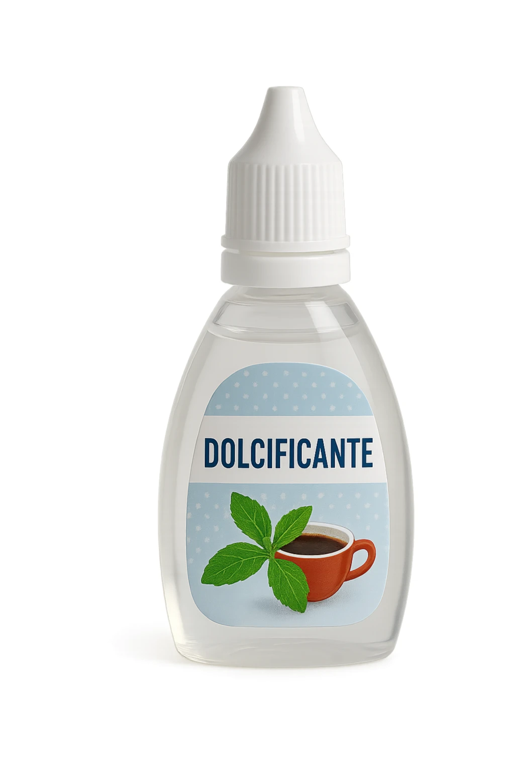 boccetta di dolcificante LIQUIDO COME IL DIETETIC con la scritta "DOLCIFICANTE" SULL'ETICHETTA, ISOLATA SU SFONDO BIANCO sticker