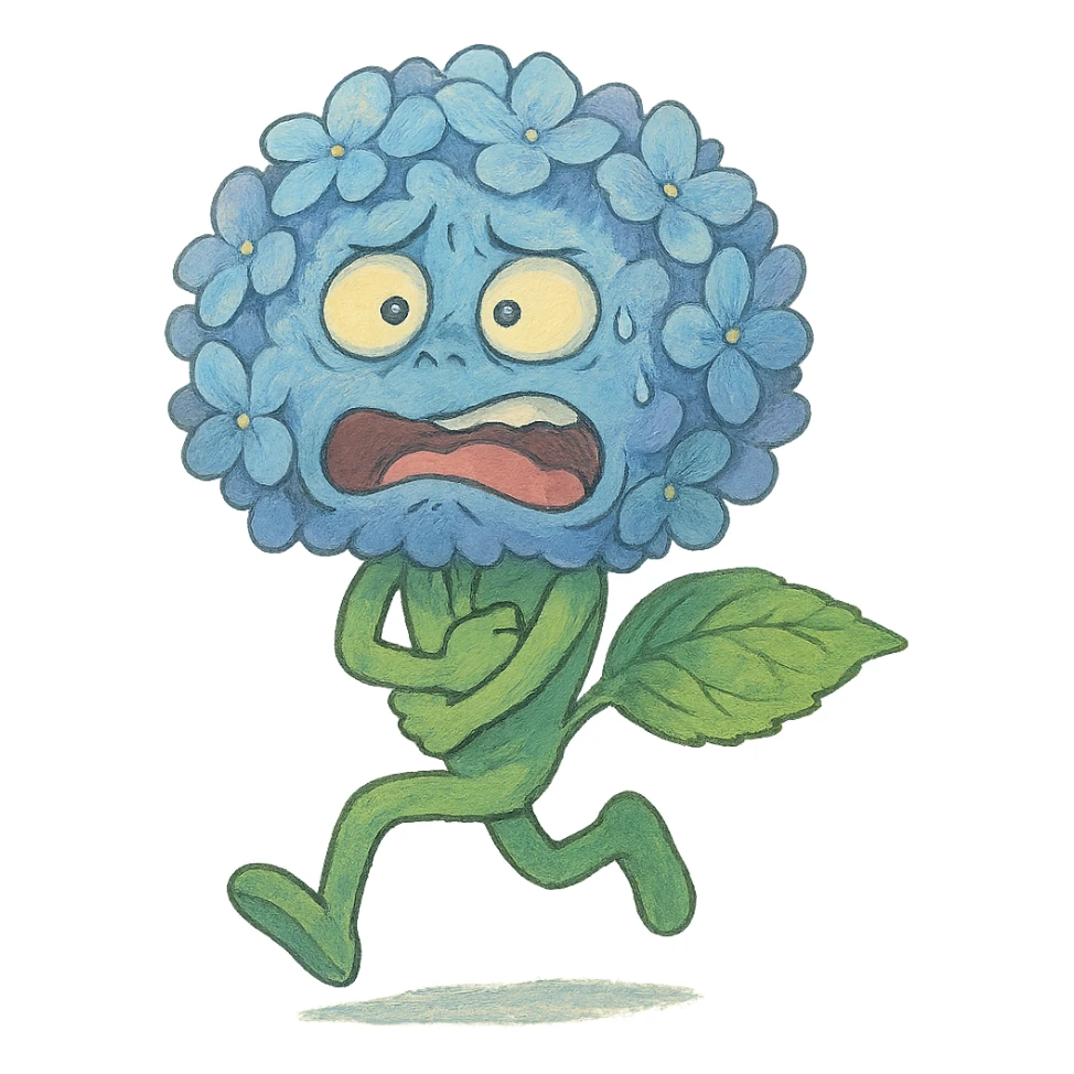 sky blue hydrangea flower with a twisted face and bulging eyes, holding its belly in a desperate toilet run, soft pastel shades, ghibli style sticker