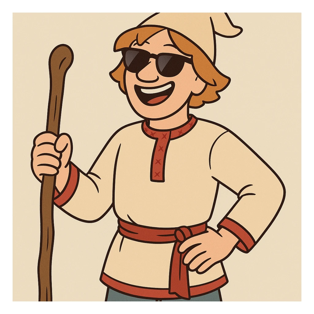 Ivan the Fool in sunglasses, smiling, holding a staff, Russian peasant attire, cartoon style sticker
