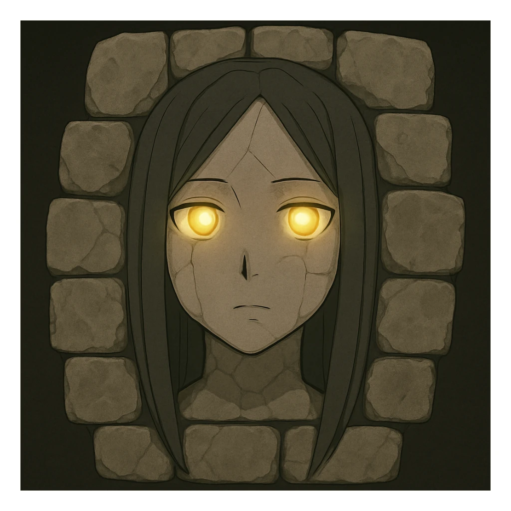 Add glowing eyes to Nigredo's face in the stone wall, subtle facial features, anime style. Keep the anime style with subtle facial features and add glowing eyes. sticker