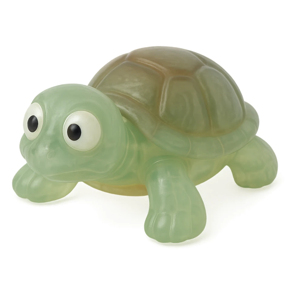 Make the turtle a natural color (e.g., green with a brown shell), more transparent and see-through, retro 90's toy style, derpy eyes, no tag, no background, soft plastic, soft reflections, soft and squishy, some cloudiness, not shiny, highly detailed, appealing. sticker