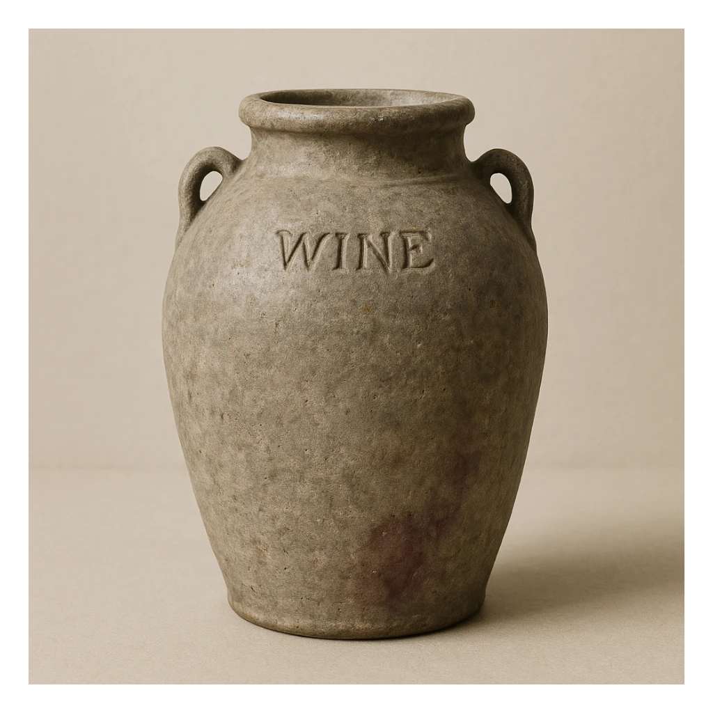 a stoneware wine jar, slightly weathered, with a faint wine stain, minimal background sticker