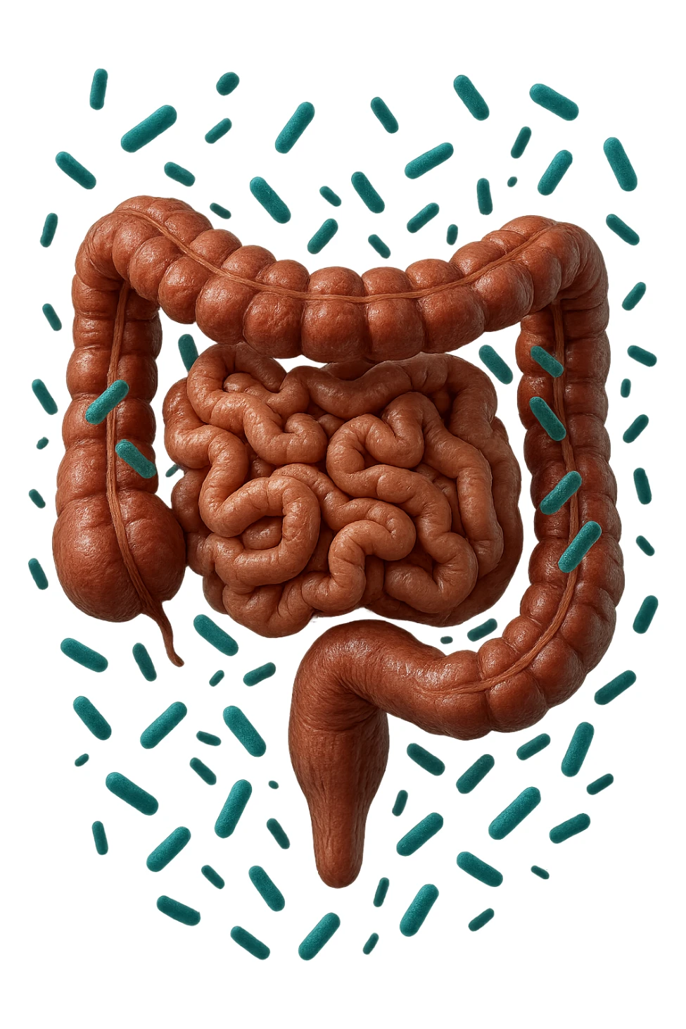 intestino umano anatomico realistico con batteri intestinali turchesi che fluttuano intorno, IPERREALISTICA 4K sticker