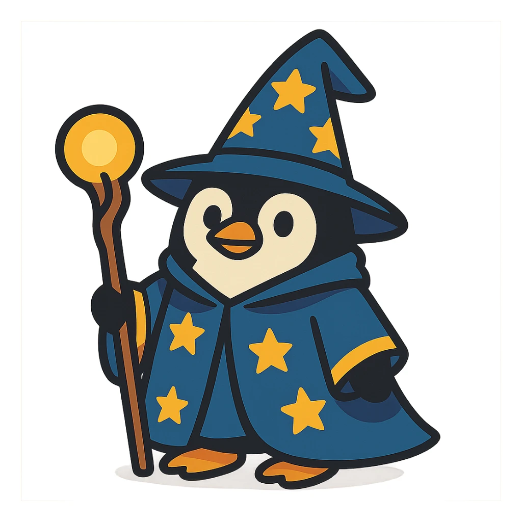 a penguin dressed as a wizard, with a pointed hat and a magic staff, in a charming and whimsical style sticker