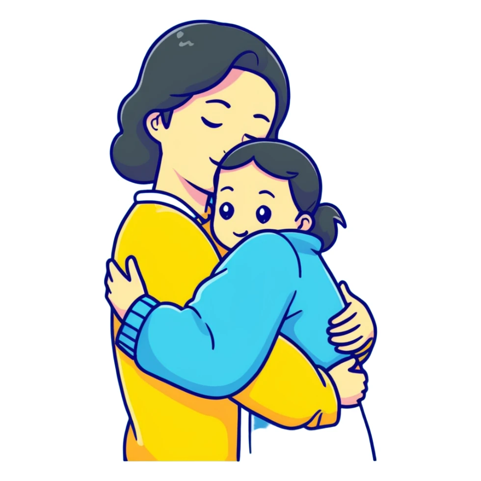 mother hugging daughter with pastel blue background and clothing sticker