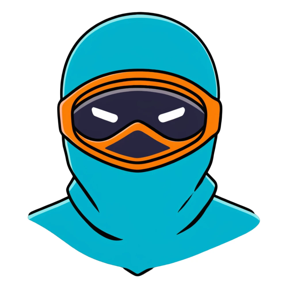 teal and orange ski mask with loving face sticker