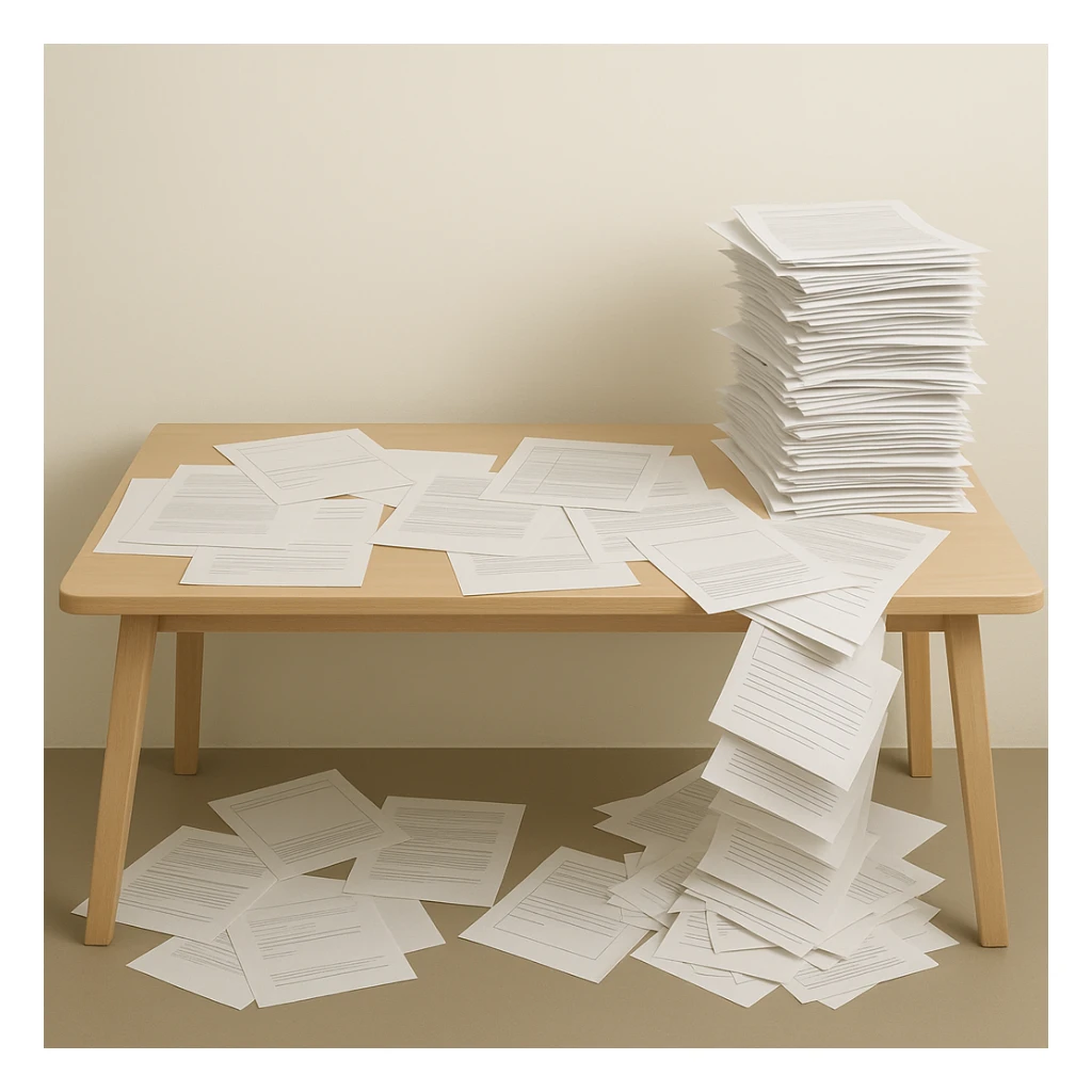 minimalist desk cluttered with papers spilling over, symbolizing overwhelming admin workload, all elements contained within the frame, no edges cut off sticker