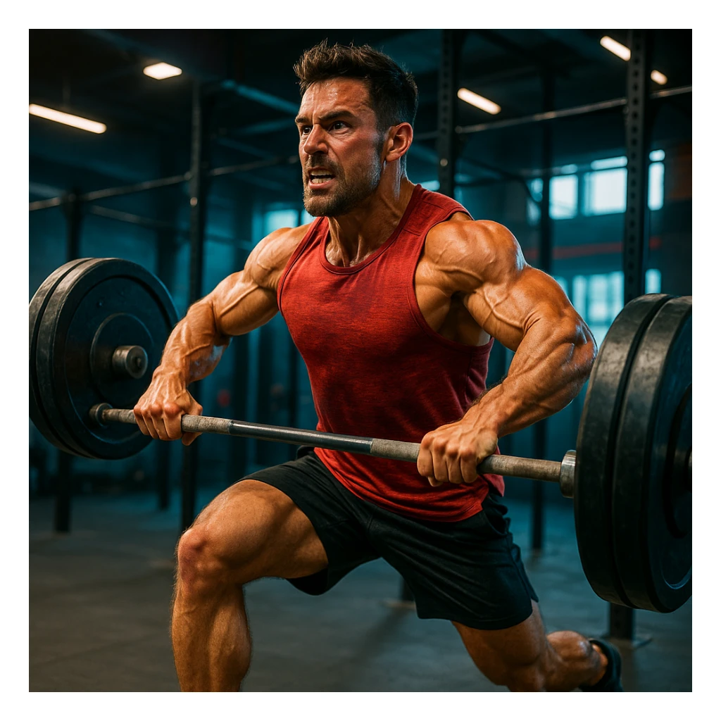 realistic 4K image of a CrossFit athlete training, creative and impactful, muscles highlighted, dynamic movement, vivid colors, energetic atmosphere, modern gym background sticker