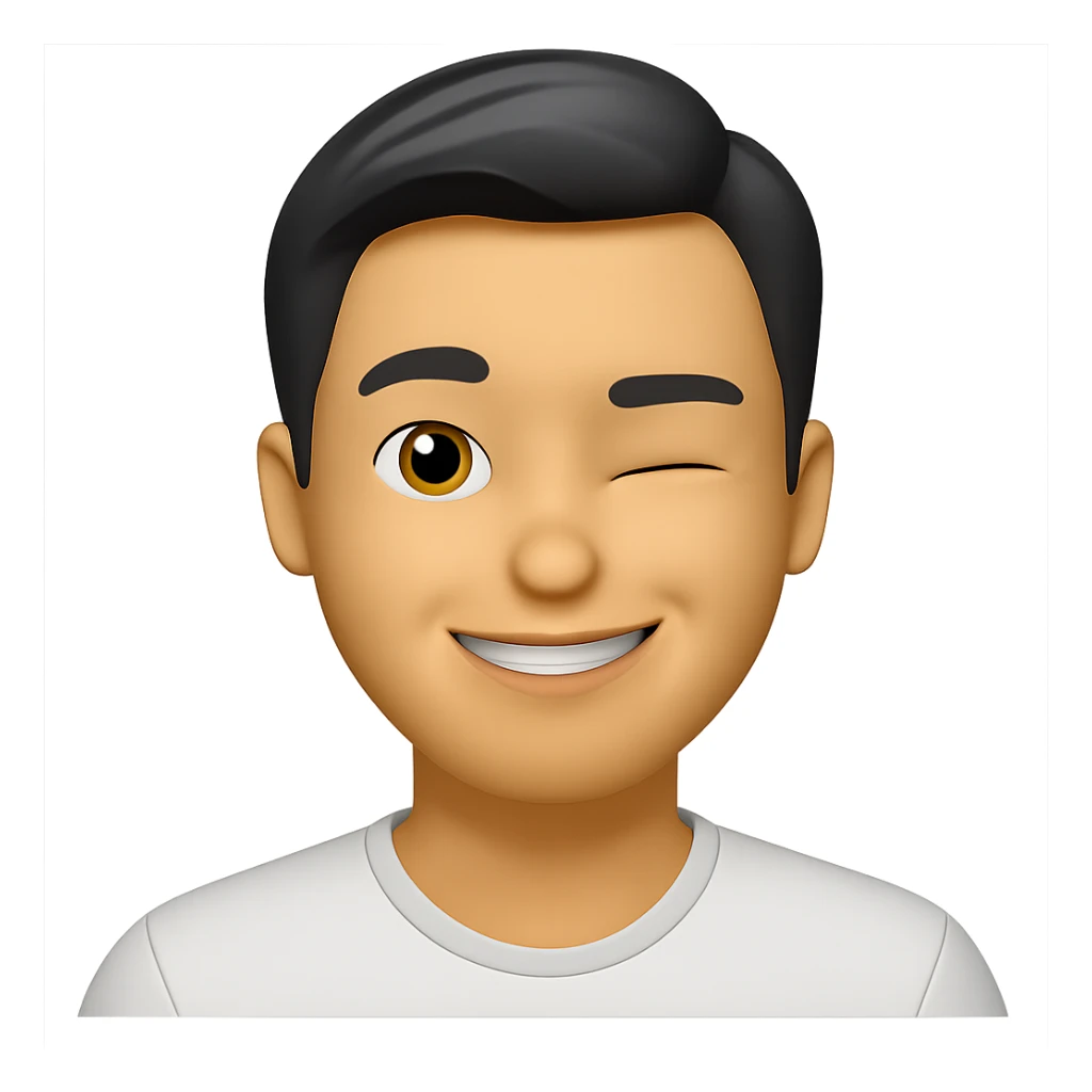 Keep the same color and shape as the original image. Change the facial expression to a 'perfect' confident smile with a raised eyebrow and a wink. Transparent background. sticker