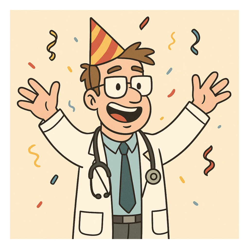 cheerful doctor wearing a party hat, simple background sticker