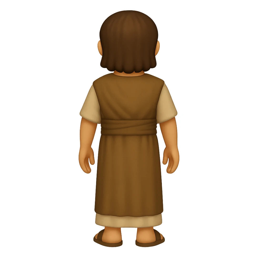 Back view, centered full body, facing away, classic emoji style of apostle Peter with short hair, no hood, arms down by sides, smiling, full beard, wearing long sleeve brown clothes with beige details, no background. The style should mimic classic emoji style. sticker
