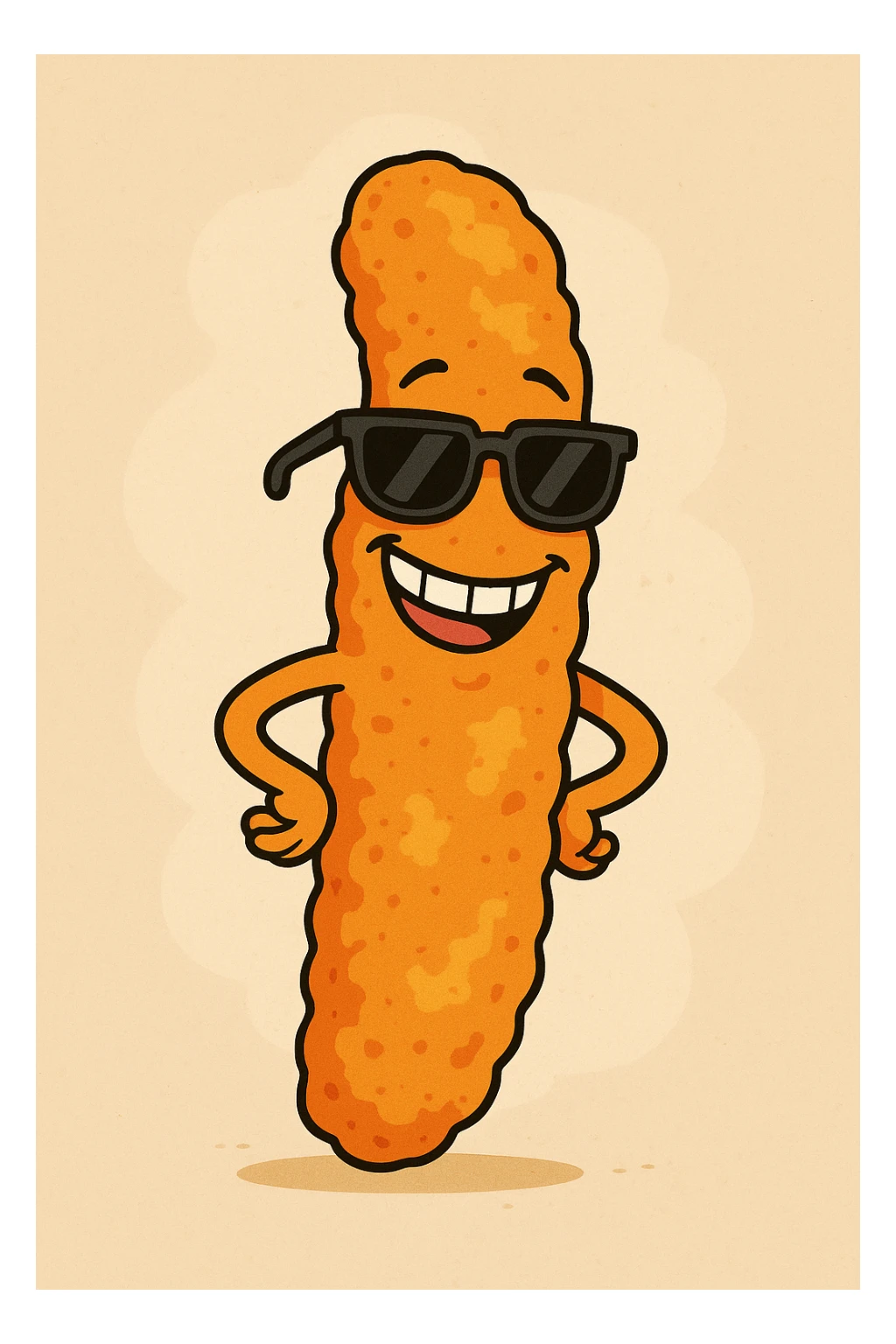 cartoon-style Cheeto with a smiling face and sunglasses, bright orange, fun and playful sticker