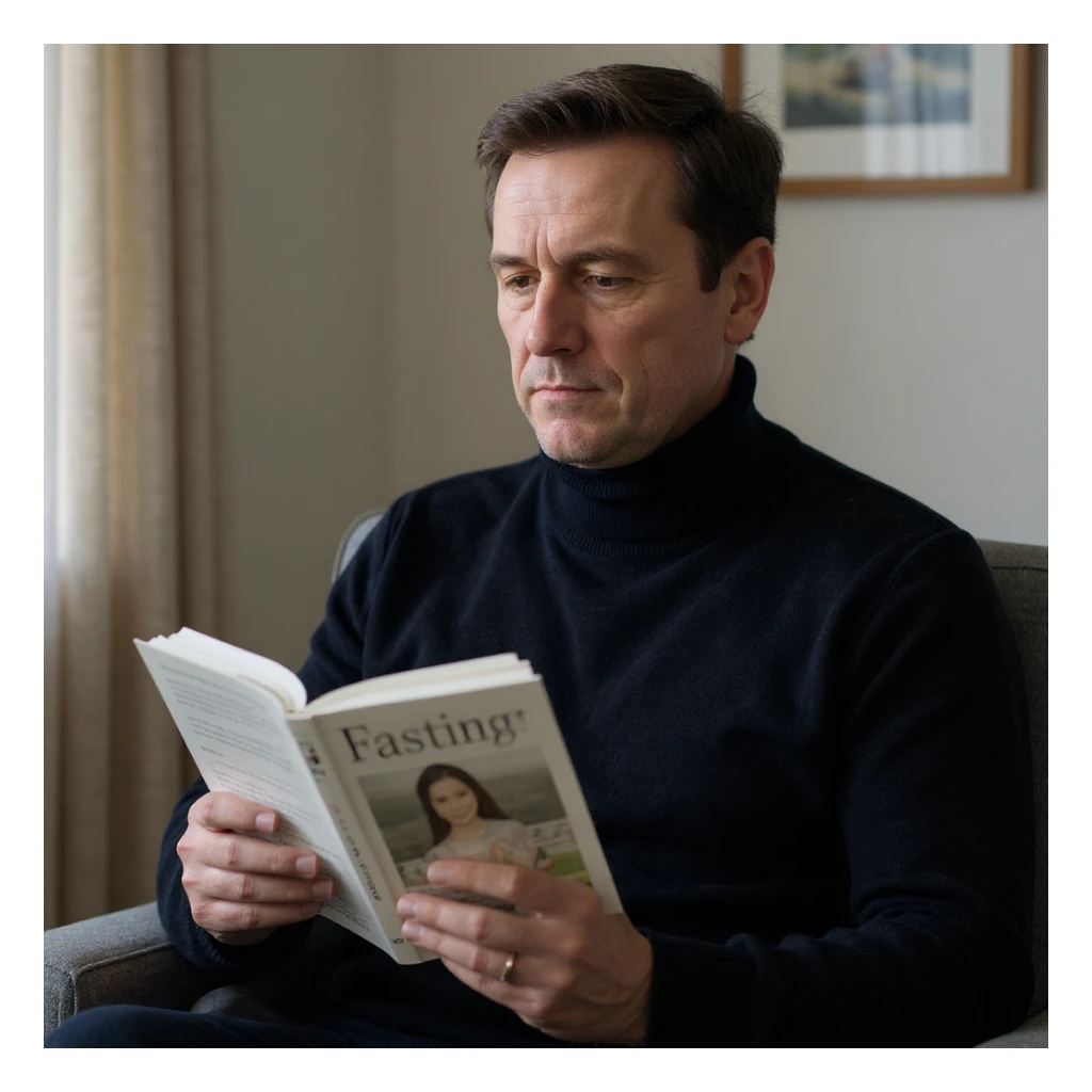 Vertical 2:3 photograph inspired by the reference image, featuring an elegant man in a black sweater, fasting theme. The man is reading a book about fasting, with the cover visible showing the word 'Fasting', in a domestic environment. Realistic style, clearly conveying the concept of fasting. sticker