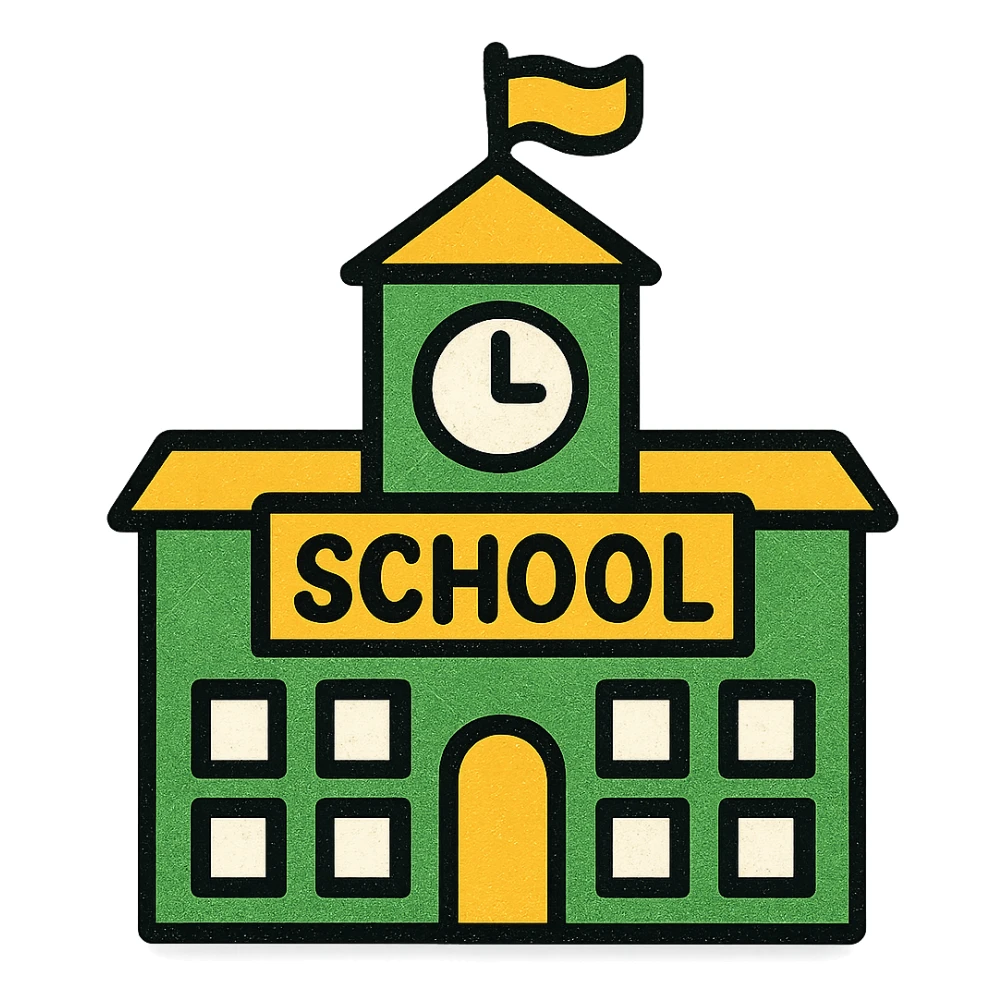 school building, minimalistic, green gold and white color scheme, clean lines sticker