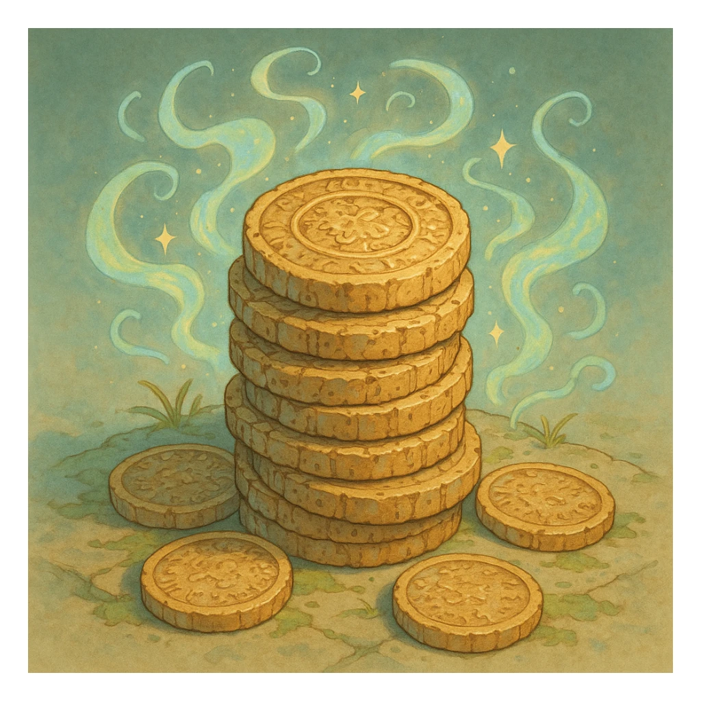 a stack of ancient coins with a magical aura, ghibli-inspired style sticker