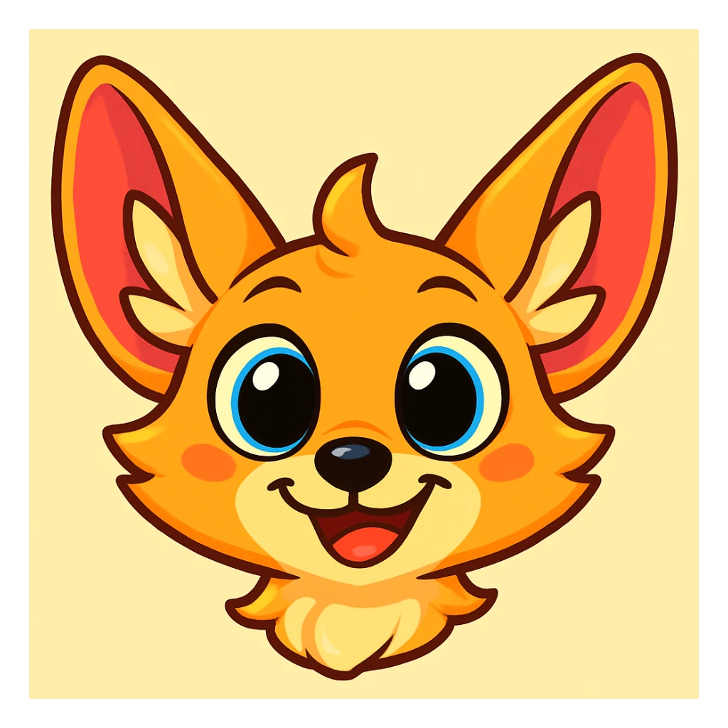 Make the fennec fox head even more cartoonish with exaggerated large eyes and ears, use brighter colors, and give it a playful expression. Maintain a style suitable for editing and cartoonish illustration. sticker