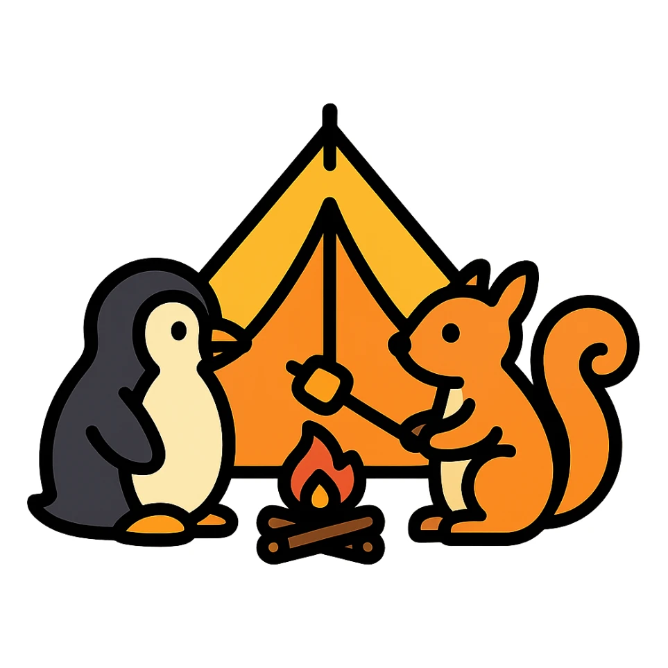 bunte Outline-Icon-Variante von Pinguin und Eichhörnchen beim Campen, Zelt sticker