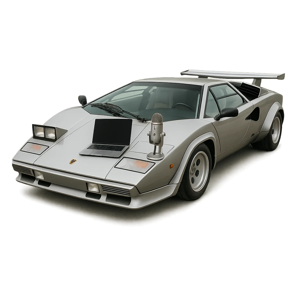 Lamborghini Countach with a laptop and recording microphone on the hood sticker