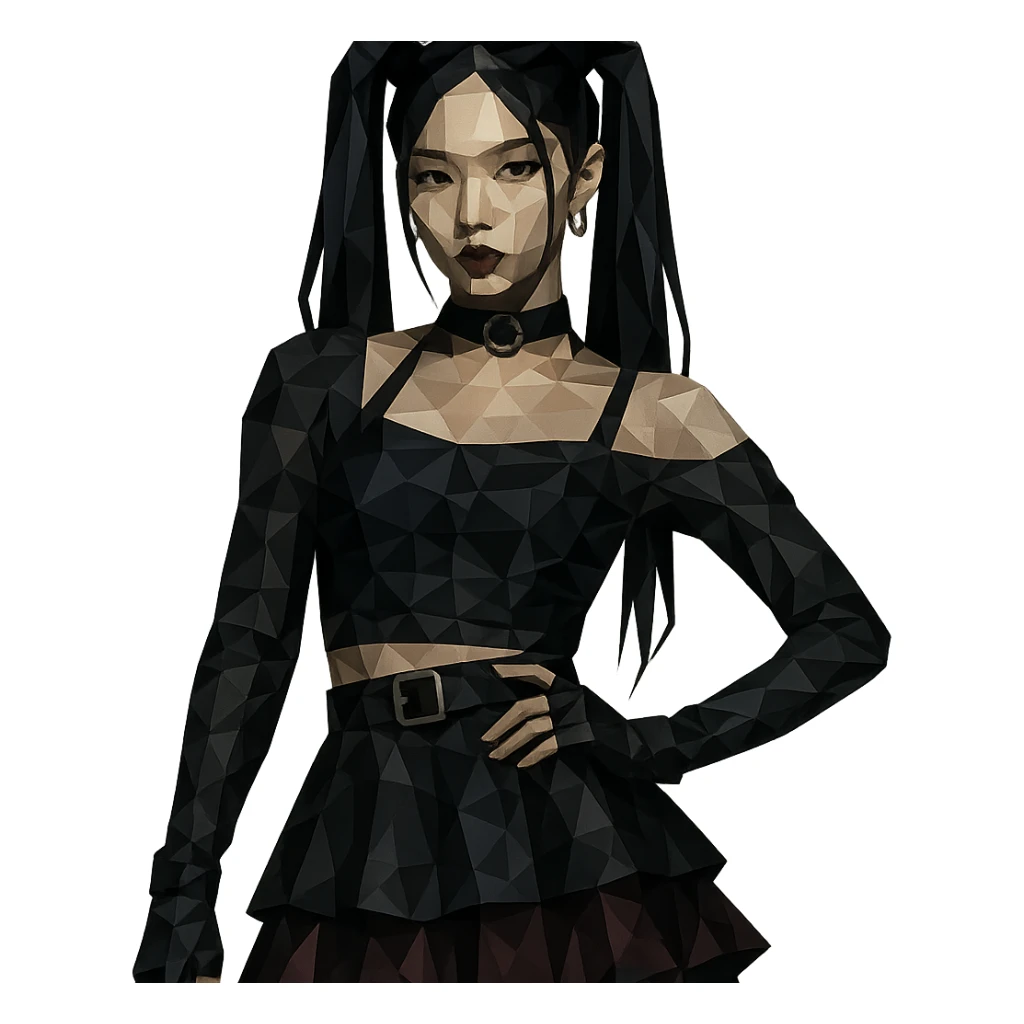 K-pop inspired gothic girl, polygonal style, geometric shapes, dark color palette, stylish stage outfit sticker