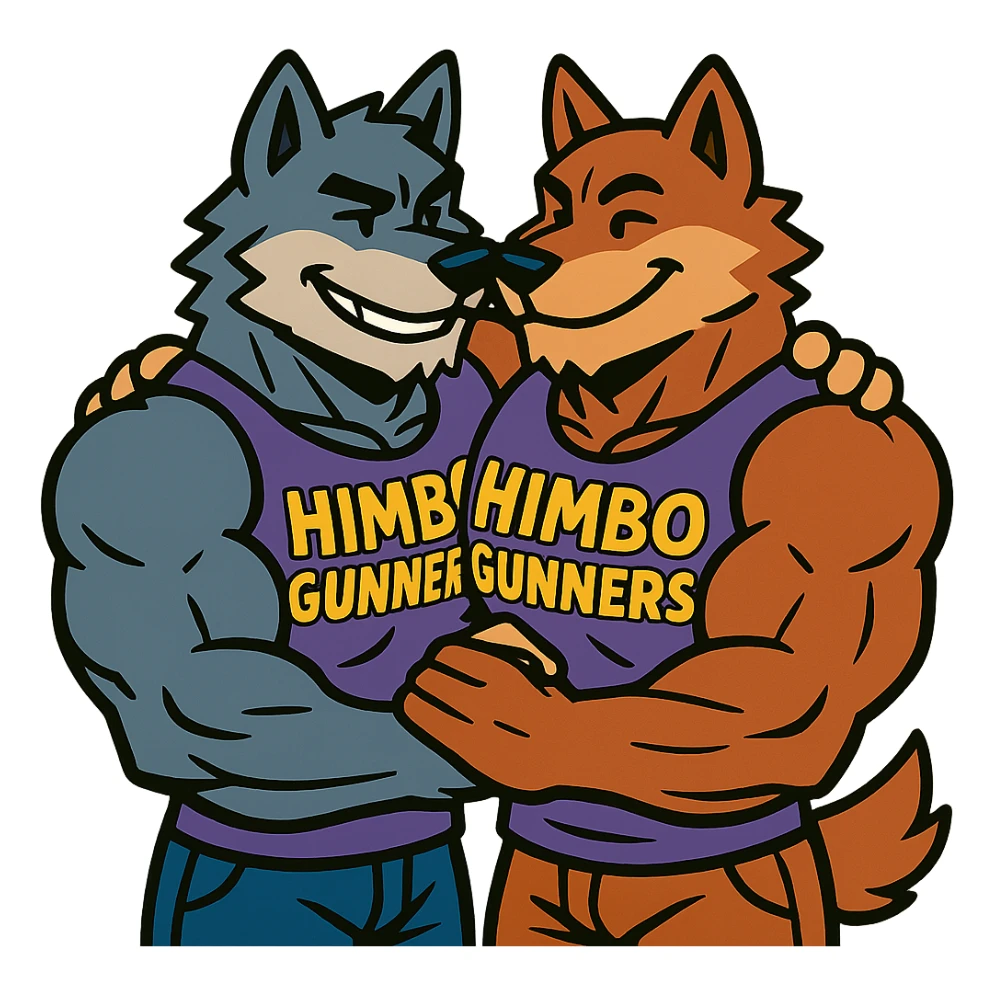 keep only the two extremely muscular wolf furries in 'Himbo gunners' t-shirts hugging sticker