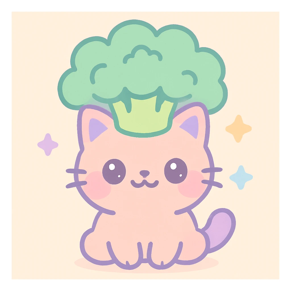 broccoli cat sitting with broccoli crown for hair, chubby cheeks, smiling, kawaii style sticker