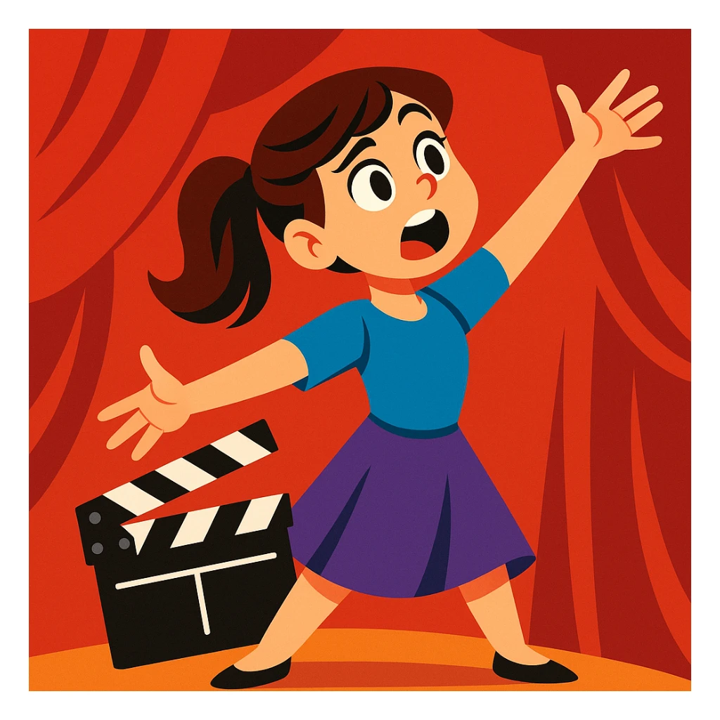 brunette girl acting, vibrant cartoon style sticker