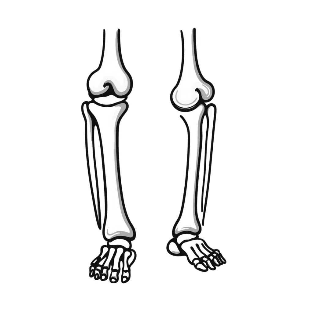 anatomical drawing of knee bones showing patella, femur, tibia, and fibula with labels sticker