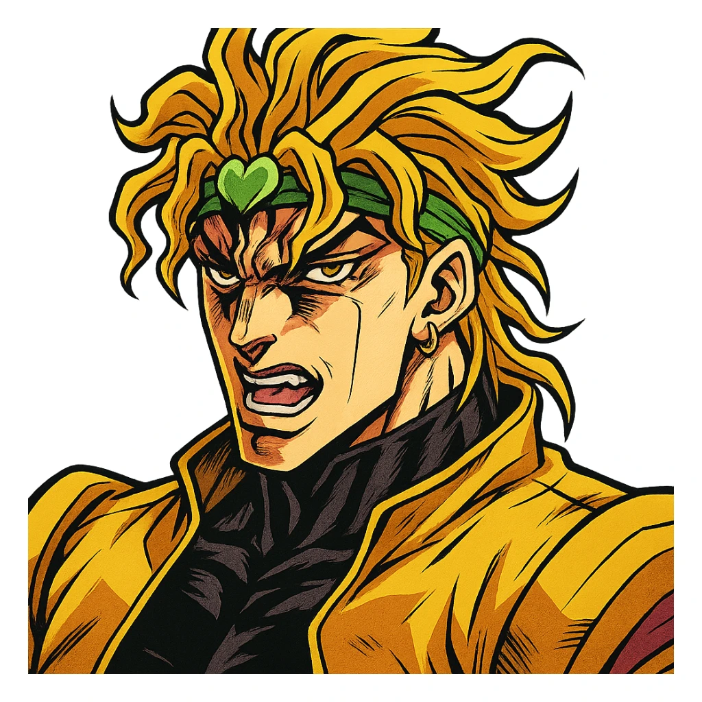 Dio Brando, menacing expression, stylized with bold lines, vibrant colors, JoJo's Bizarre Adventure vibe sticker