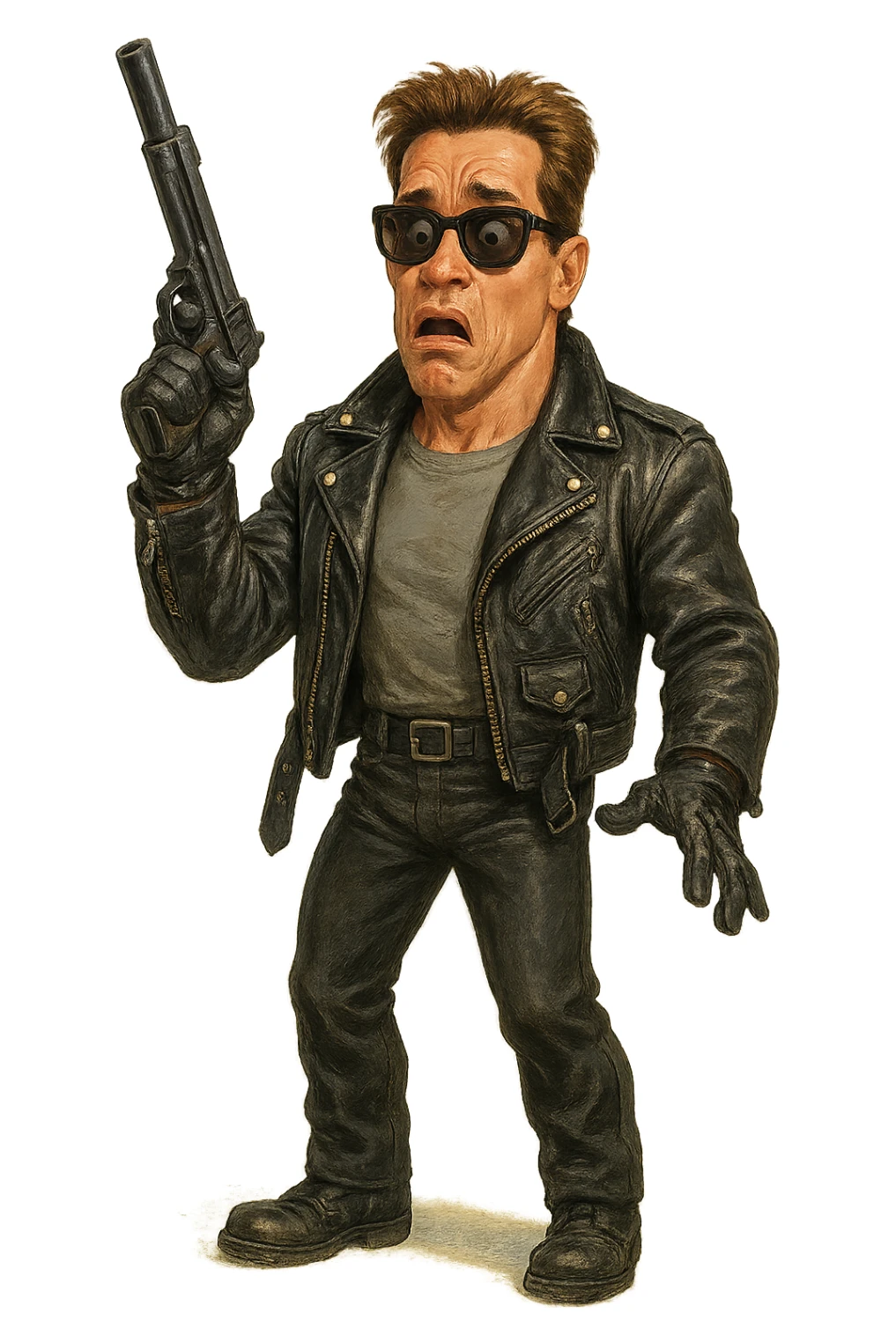 Full-body Terminator Arnold Schwarzenegger in leather jacket, surprised face, holding a gun raised, realistic painted cartoon style sticker