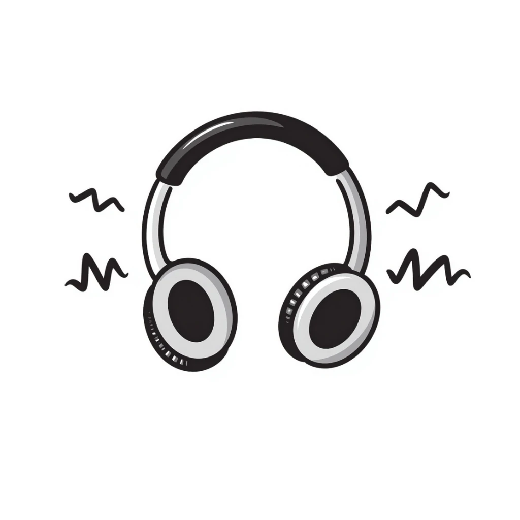 Hand-drawn sketch of DJ headphones with music waves sticker