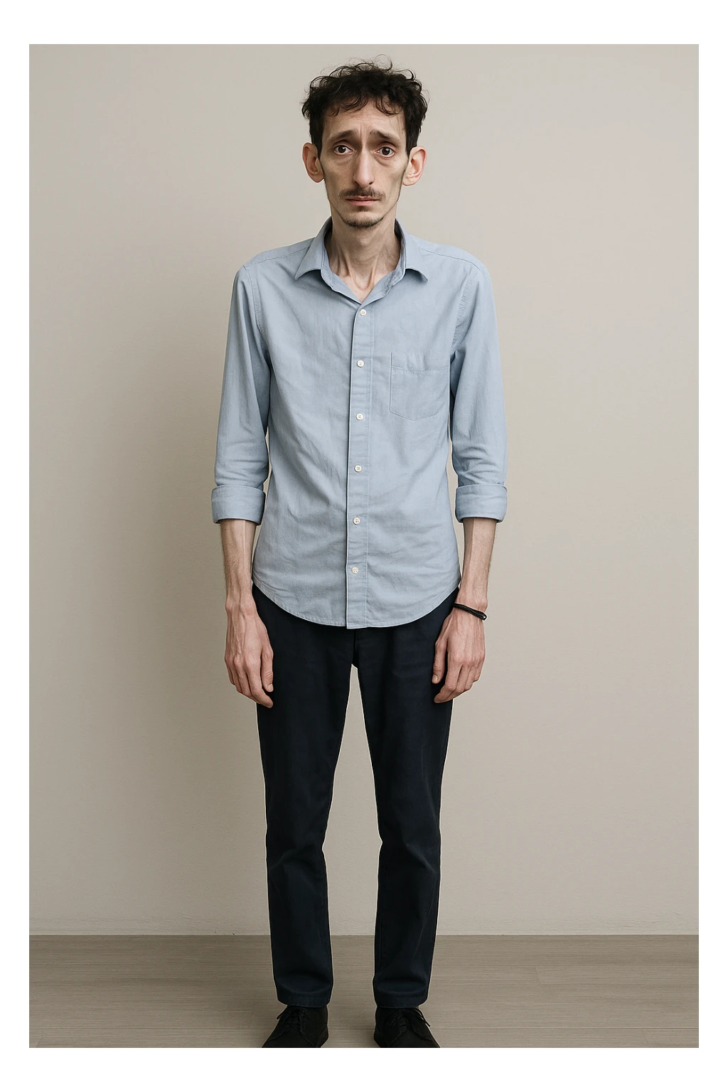 uomo che ha perso massa ed è piatto muscolarmente, lui è in piedi e si vede il fisico debilitato sticker