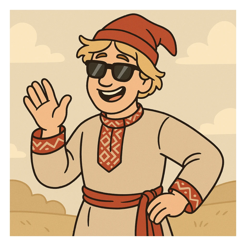 Ivan the Fool wearing sunglasses, cheerful expression, traditional Russian folk costume, simple background, cartoon style sticker
