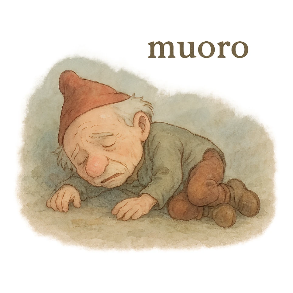 stylized dying little man with the word 'muoro', ghibli style, delicate colors, melancholic atmosphere sticker