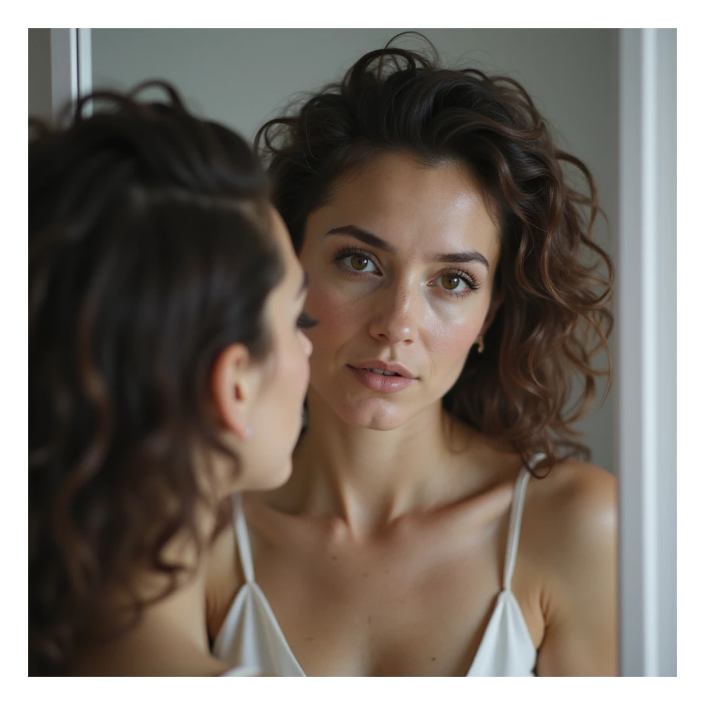 hyperrealistic 4K image of a woman with PCOS looking at herself in the mirror, spreading her hair with fingers to show the underlying scalp, evident thinning areas, detailed sticker