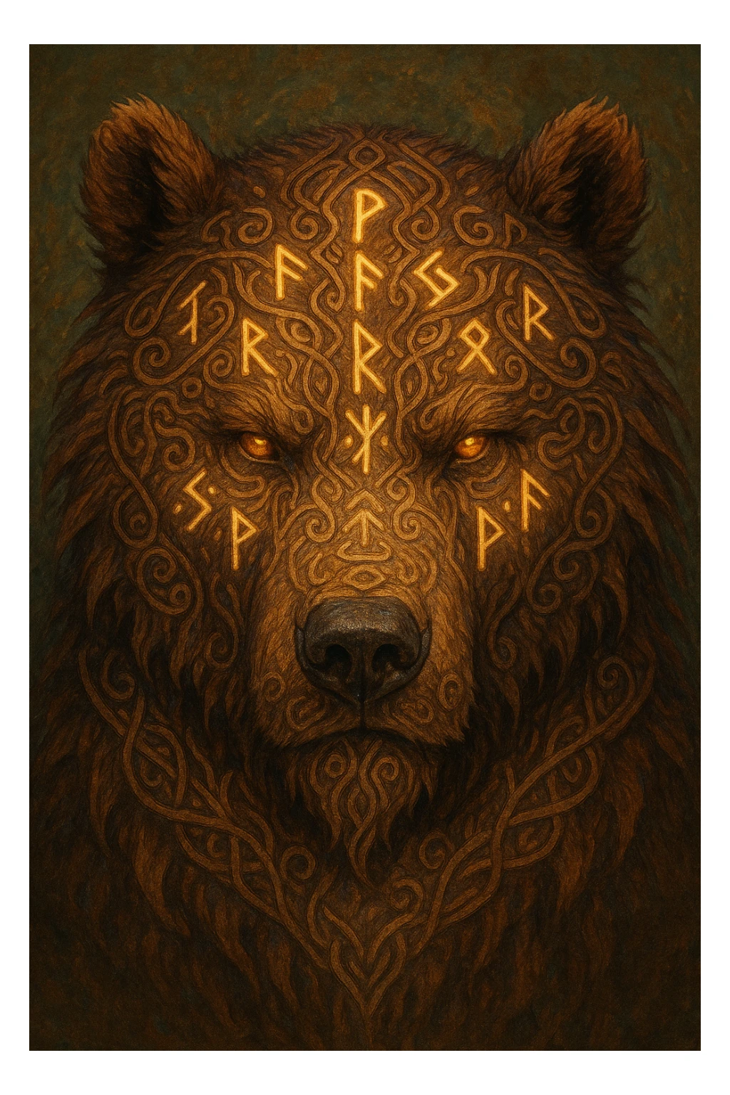 a bear's head decorated with ancient runes, tribal fantasy sticker