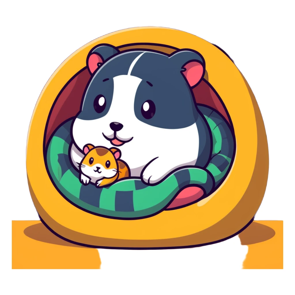 snake hugging a hamster in a cozy den with pillows sticker