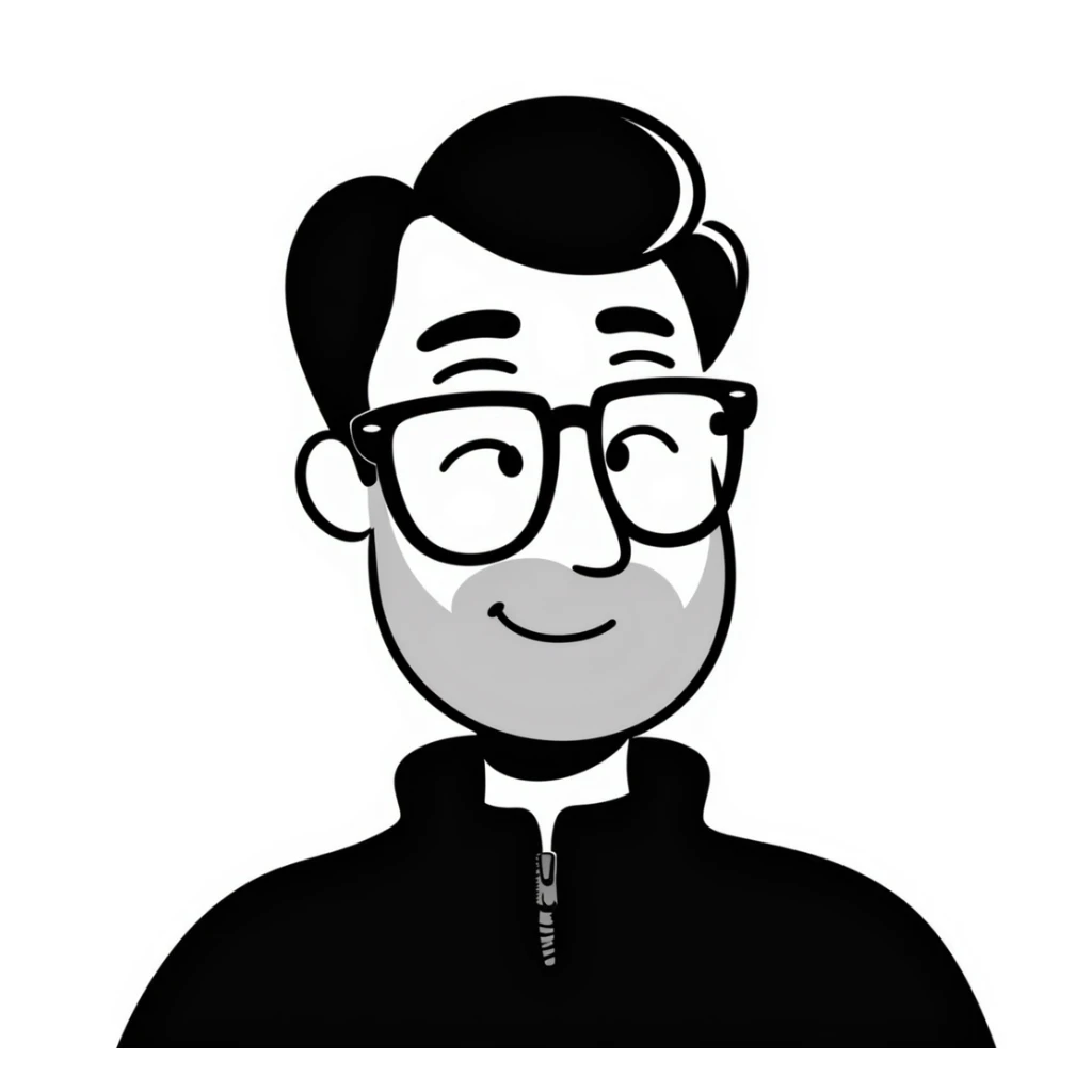 Light-skinned man with short black hair styled upwards, full short graying beard, smiling, wearing large black-framed glasses and a black long-sleeve sports shirt with zip at the neck sticker