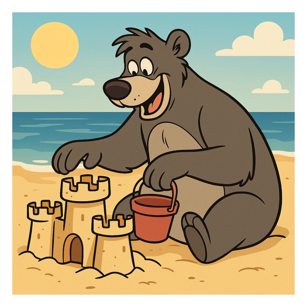Baloo the bear building a sandcastle on the beach, playful and sunny atmosphere, cartoon style sticker