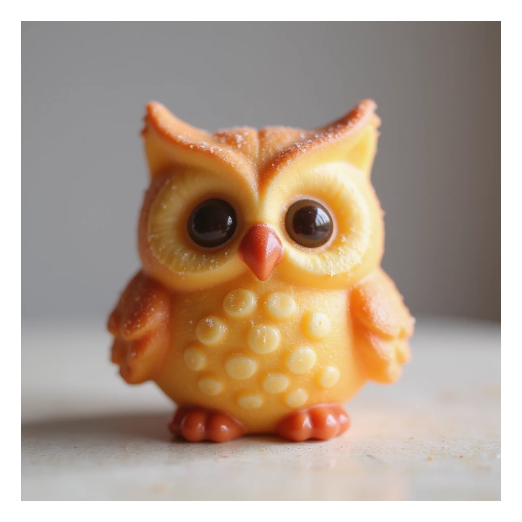 realistic candy shaped like a cute owl, photorealistic style sticker