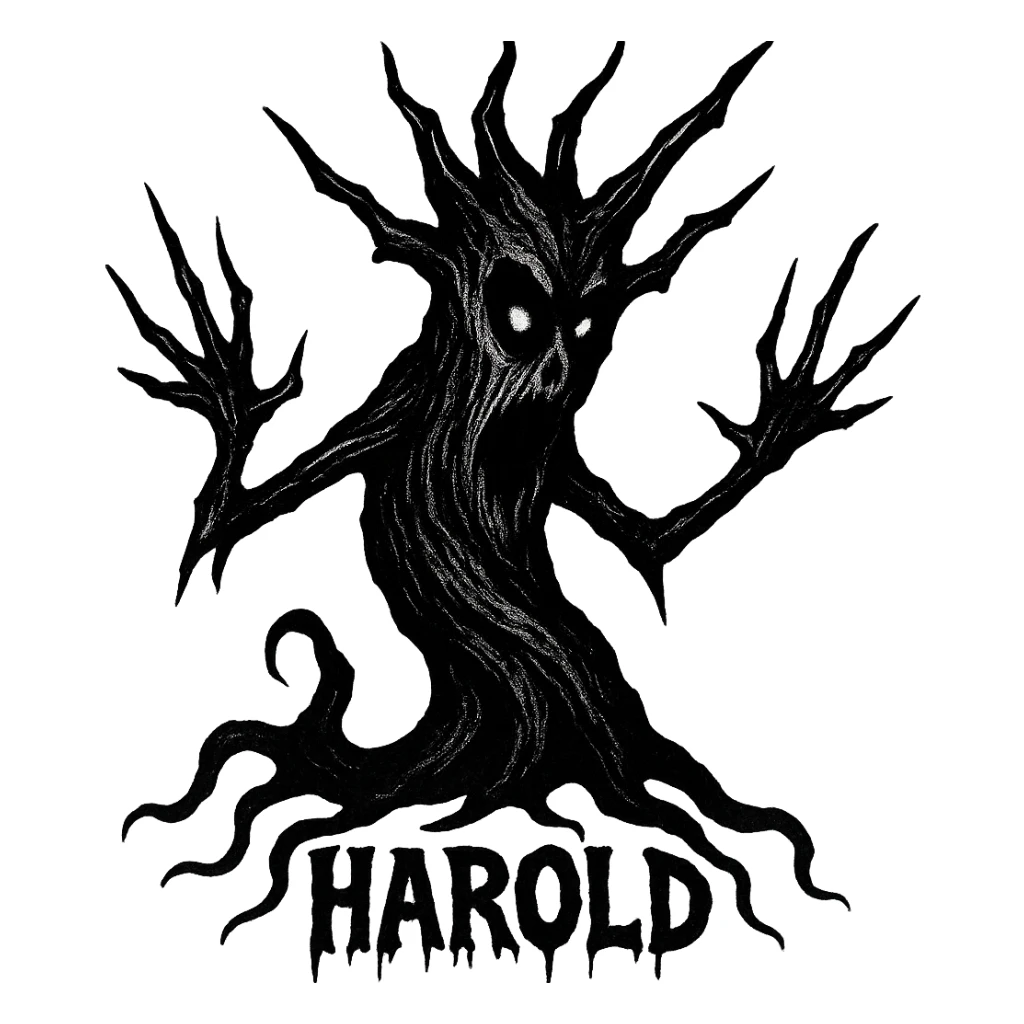 twisted haunted tree named Harold, hollow eyes, sharp branches, ghostly silhouette, inspired by Haunted Mound sticker