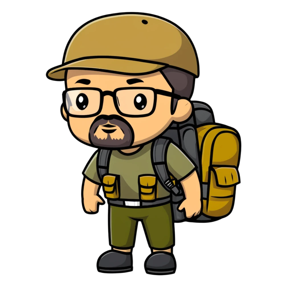 adventurer with goatee beard (no beard on cheeks), short hair, glasses, backwards military tan cap and backpack sticker