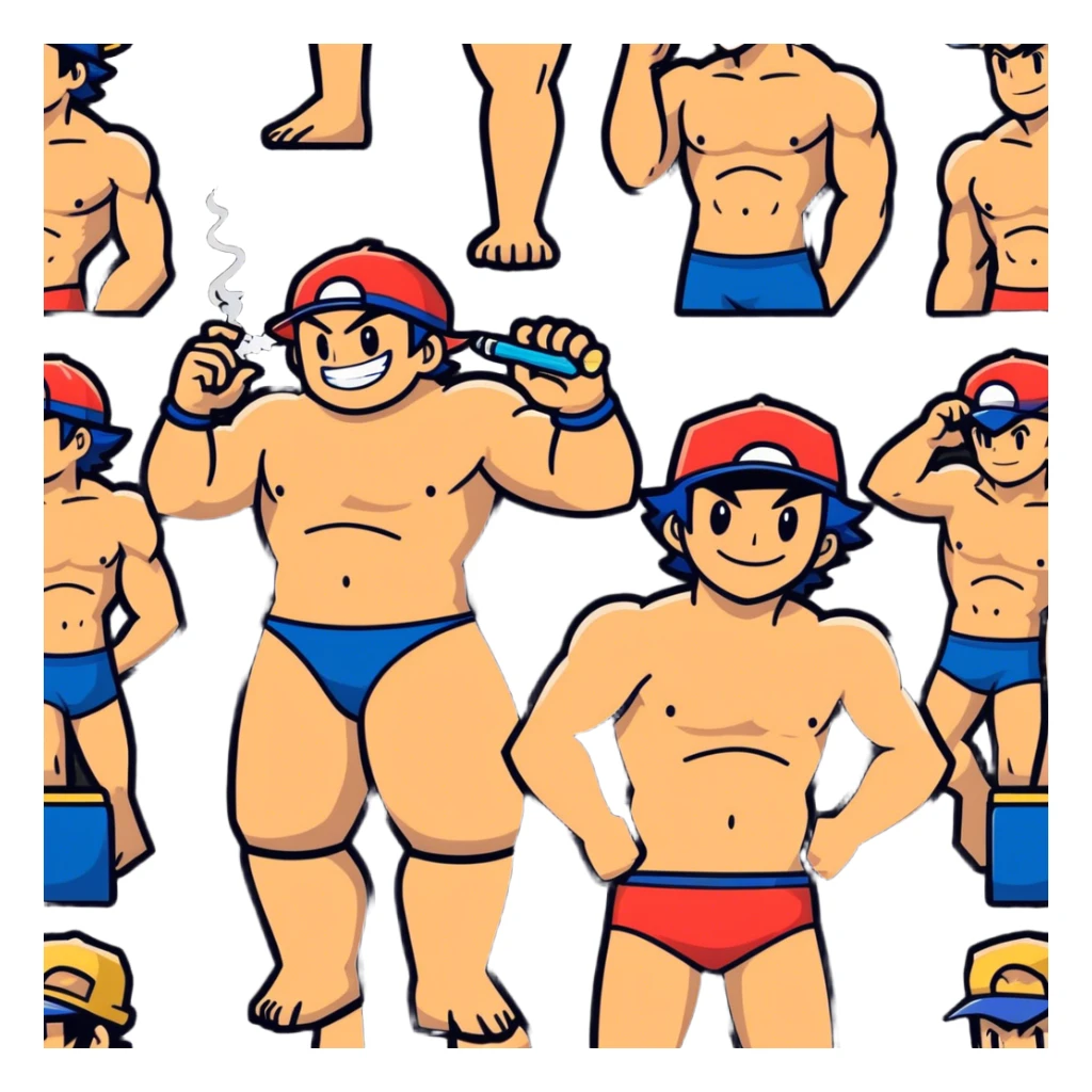 Hot handsome muscular 6ft 5inch tall smiling happy fun shirtless Ash Ketchum bugging two best friends in swimwear while using a vape sticker