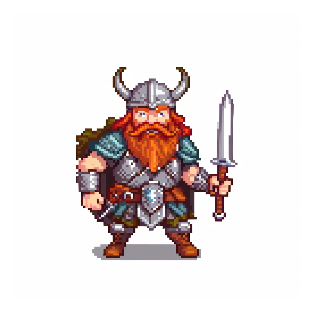 pixel art ginger viking with red beard and armor, running animation frame 1, legs wide apart sticker