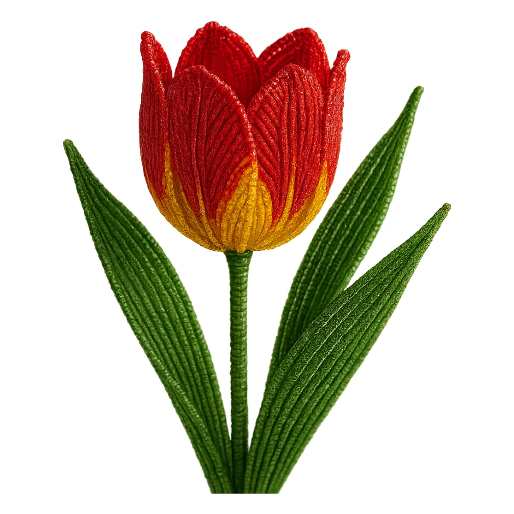 french beaded tulip, intricate glass seed beads, wirework, realistic flower, vibrant red and yellow petals, green leaves, elegant, close-up, no background sticker