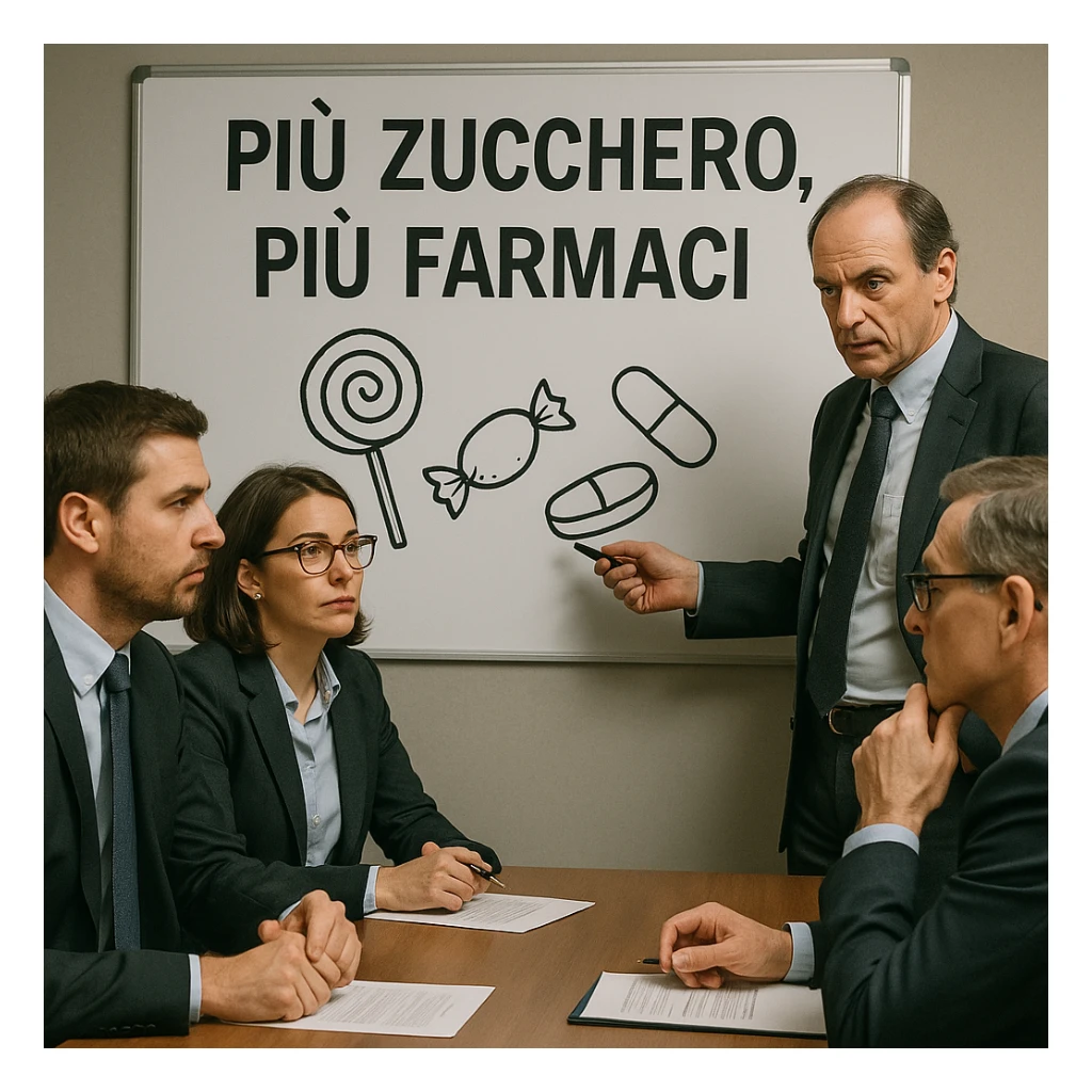 Corporate meeting in a pharmaceutical company: managers discussing in front of a whiteboard with drawings of sweets and pills, visible slogan in Italian 'Più zucchero, più farmaci', cynical and strategic atmosphere, photographic style, realistic details, 4K quality. sticker
