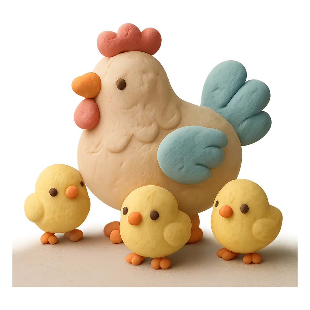 hen with baby chicks, soft pastel colors, visible fingerprints, matte plasticine look sticker