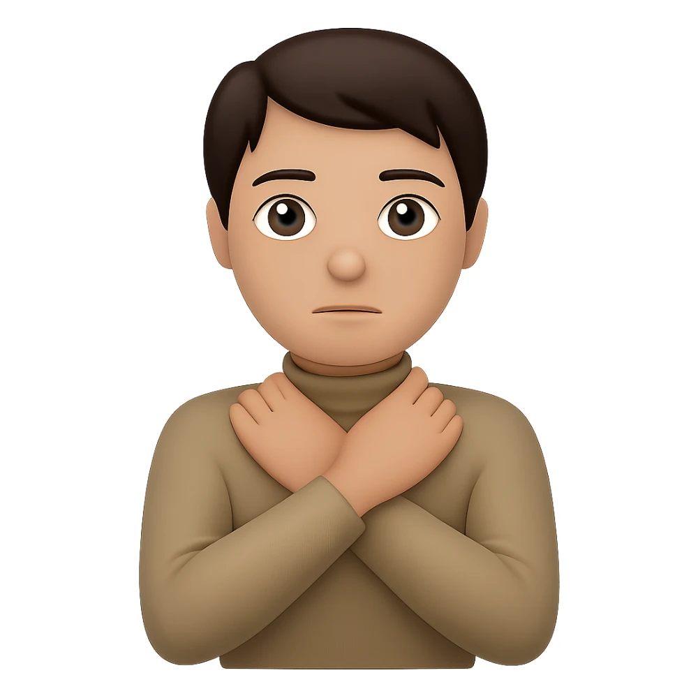 Change hair to brunette, keep arms crossed holding neck, neutral expression, preserve transparent background. sticker