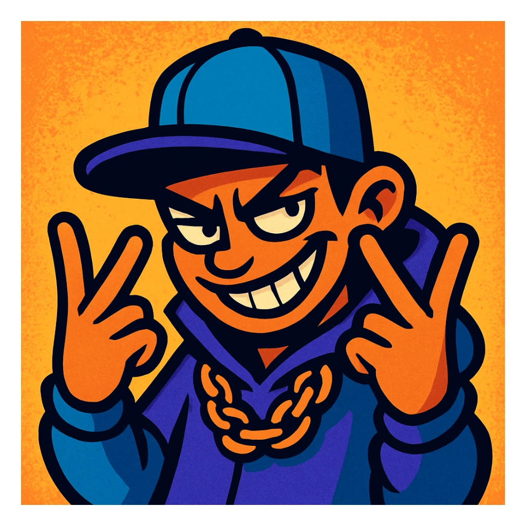 devious-looking character making the YVL hand sign with both hands, urban street style, mischievous expression, bold lines, vibrant colors sticker